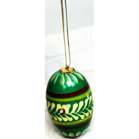 Polish Wooden Egg Ornament Painted Green Red Yellow Designs Christmas Holiday - Picture 2 of 11